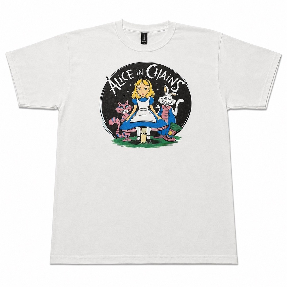 Alice in Chains Band T-Shirt White Alice in Wonderland Mashup Graphic Mens M